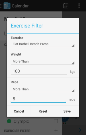 Calendar Exercise Filter Details